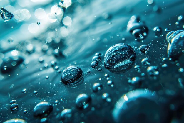 gocce d'acqua blu in closeup astratto sfondo liquido con bolle e onde