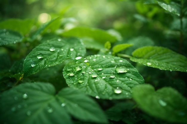 Gocce d'acqua che brillano sulle vivaci foglie verdi nella morbida luce del mattino