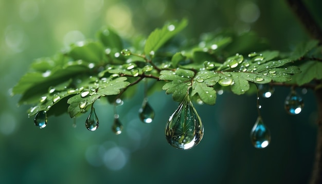 Gocce d'acqua che cadono dalle foglie degli alberi generate dall'IA