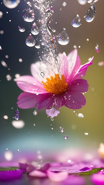 Gocce d'acqua con gocce d'acqua e un fiore rosa