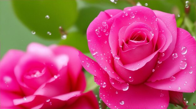 Gocce d'acqua di rose e primo piano di fiori in natura per lo sfondo naturale di Generative AI