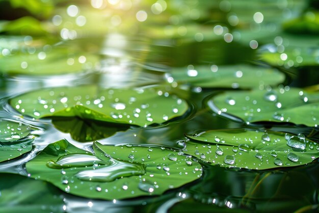 Gocce d'acqua illuminate dal sole sui frammenti di giglio verde fresco