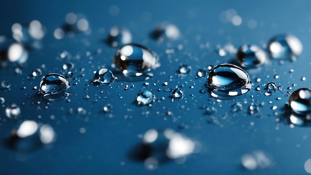 Gocce d'acqua realistiche su sfondo blu generato dall'intelligenza artificiale