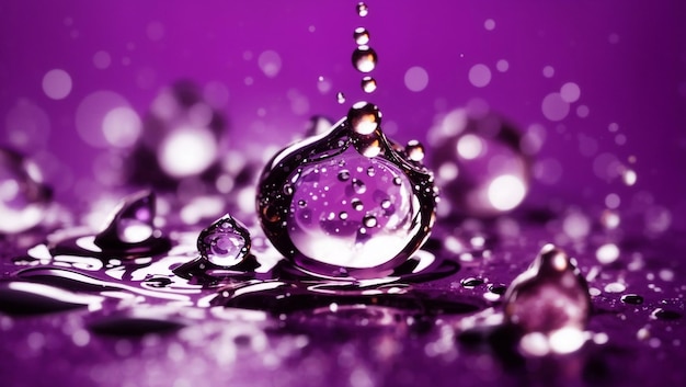 Gocce d'acqua realistiche su sfondo viola generato dall'intelligenza artificiale