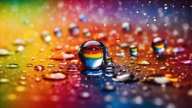 Gocce d'acqua realistiche sulla carta da parati di progettazione del fondo dell'arcobaleno