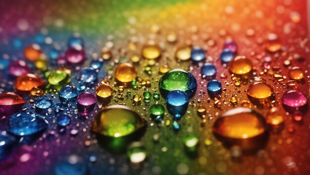 Gocce d'acqua realistiche sulla carta da parati di progettazione del fondo dell'arcobaleno