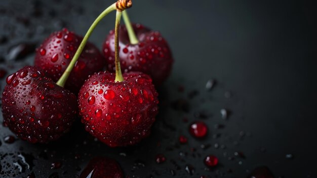 gocce d'acqua su ciliegie rosse su uno sfondo nero