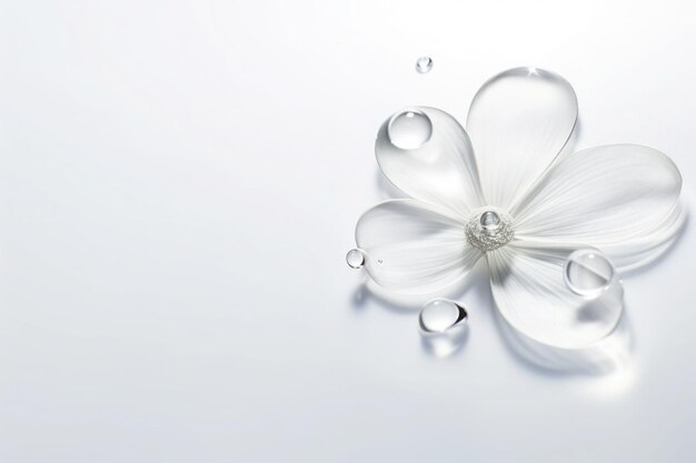 Gocce d'acqua su fiori bianchi puliti in un ambiente naturalmente luminoso Sfondo minimalista Illustrazione AI generativa