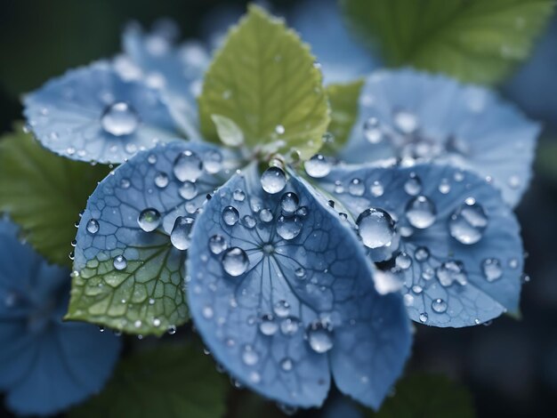 gocce d'acqua su un fiore d'ortensia rosa generate dall'AI