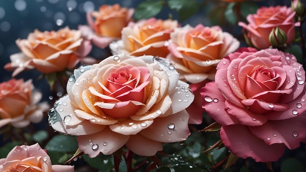 Gocce d'acqua su una bella carta da parati colorata di design di sfondo con fiori di rosa