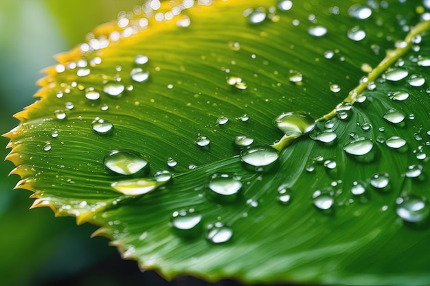 gocce d'acqua su una foglia con gocce d'acqua.