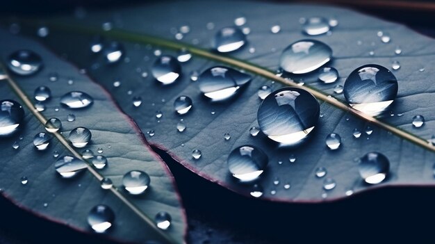 Gocce d'acqua su una foglia con sopra la parola pioggia