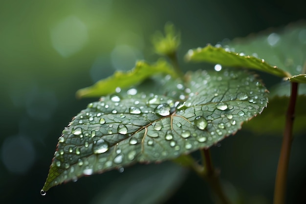 gocce d'acqua su una foglia con uno sfondo naturale sfocato