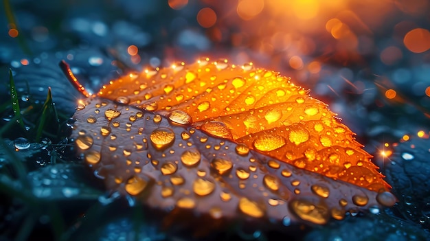 gocce d'acqua su una foglia durante l'ora d'oro le gocce che brillano con le tonalità calde del tramonto