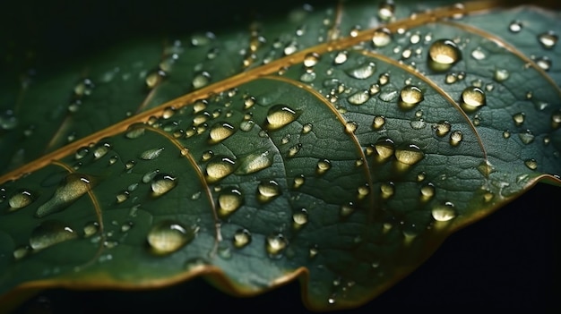 Gocce d'acqua su una foglia verde Immagine generata Ai