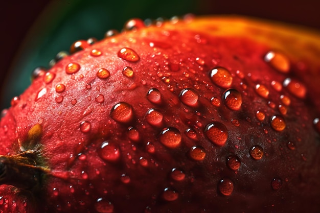 Gocce d'acqua su una mela rossa con uno sfondo scuro