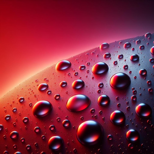 gocce d'acqua su una superficie rossa con il sole che tramonta dietro di loro