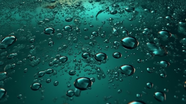 Gocce d'acqua su una superficie verde in vista macro Generativo ai