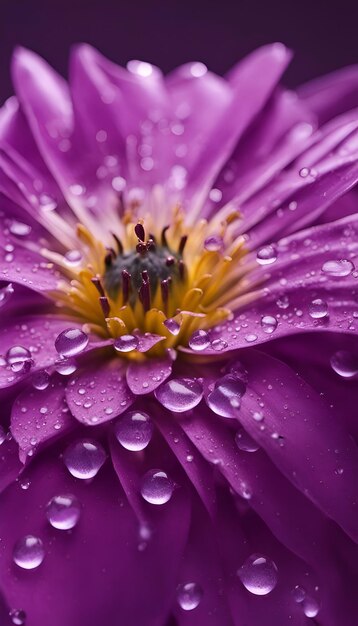 Gocce d'acqua sul fiore viola da vicino