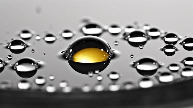 gocce d'acqua sulla superficie di una piastra metallica nera con una goccia gialla