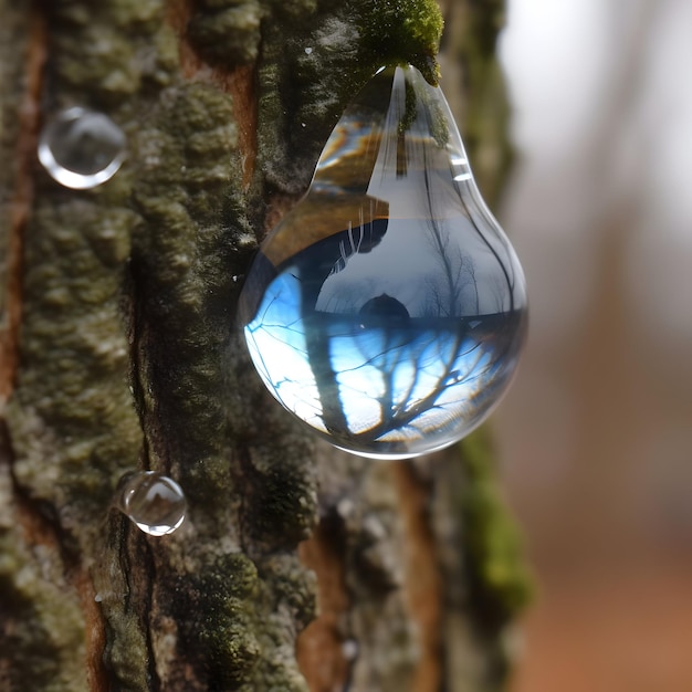 gocce di mercurio bianco-blu che galleggiano magicamente nella piccola cavità di un albero in inverno
