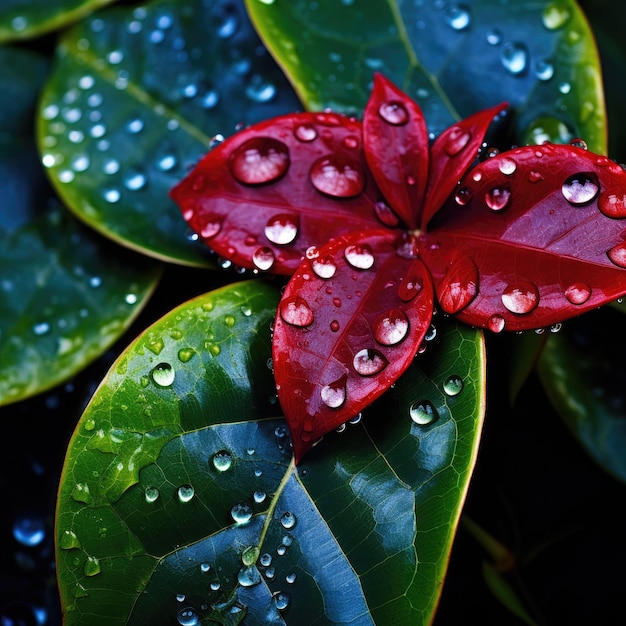 Gocce di pioggia di rubini e zaffiri scintillano su foglie di smeraldo