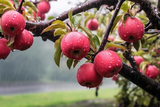 gocce di pioggia su mele in un frutteto nebbioso