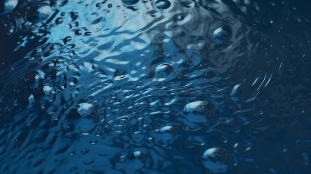 Gocce di pioggia su sfondo blu viste attraverso una finestra Generative ai