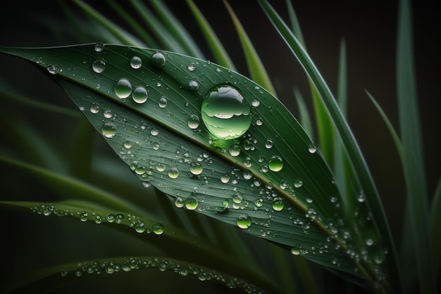 gocce di pioggia su un filo d'erba verde stretto e curvo su uno sfondo lunatico