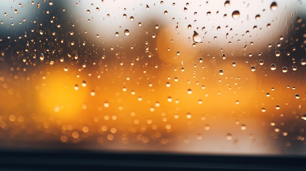 Gocce di pioggia su una finestra con sfondo sfocato