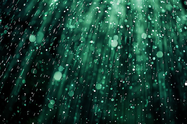 gocce di pioggia su uno sfondo verde con un albero sullo sfondo
