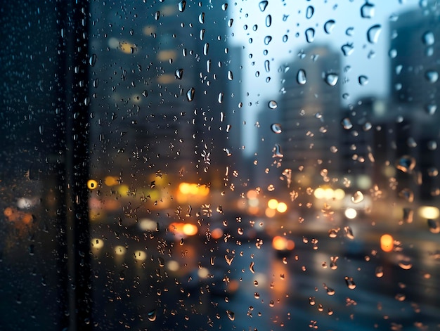 gocce di pioggia sul vetro contro le luci serali della città