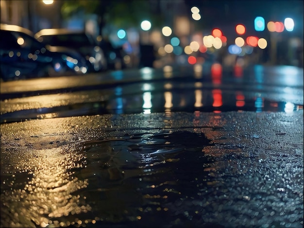 Gocce di pioggia sull'asfalto bagnato della città di notte sullo sfondo sfocato