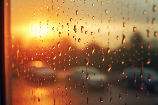 gocce di pioggia sulla finestra sullo sfondo del tramonto generazione di AI