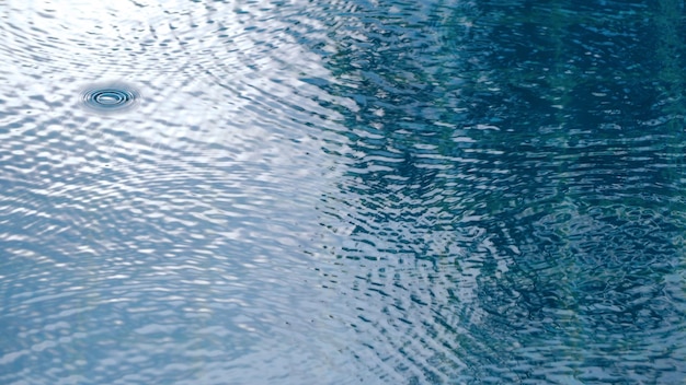 Gocce di pioggia sulla superficie di colore blu della piscina d'acqua che hanno un effetto ondulato sulla consistenza del liquido e sull'angolo di vista dall'alto.