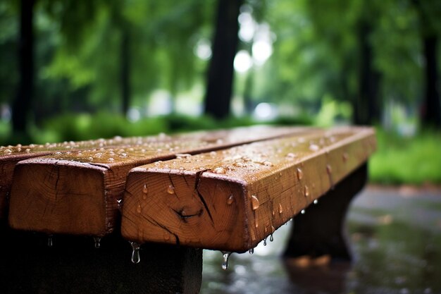 gocce di pioggia sulla superficie di una panchina di legno con foglie cadute