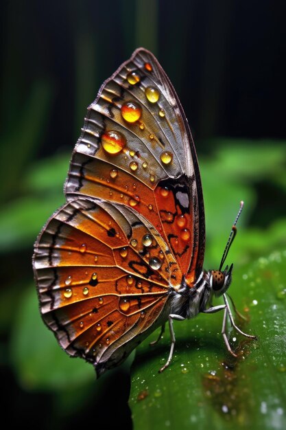 Gocce di pioggia sulle ali di una farfalla in un giardino creato con l'IA generativa