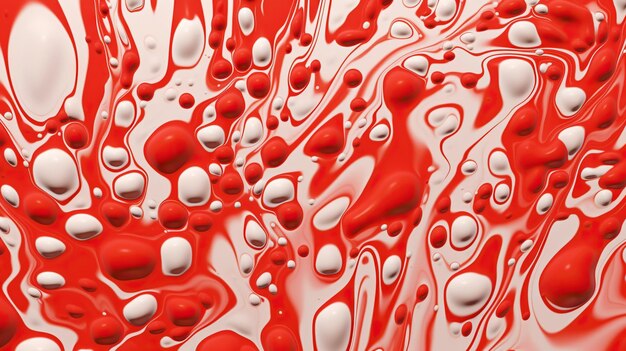 Gocce di vernice bianca astratta mescolate in sfondo di olio rosso Modello di fluidi non miscelanti IA generativa