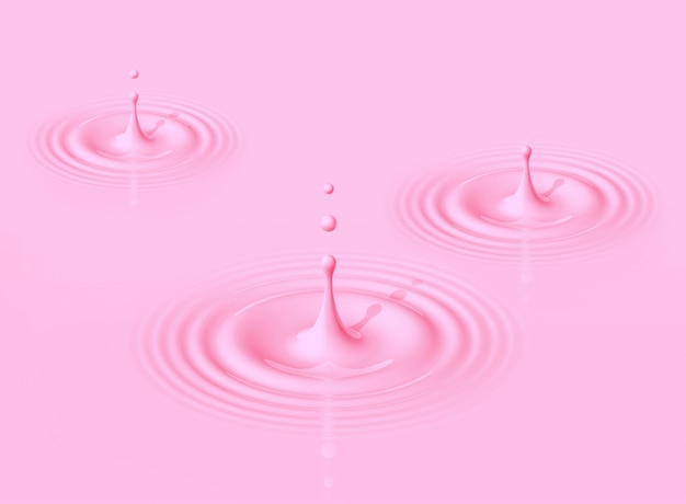 Gocce rosa di latte alla fragola che schizzano e fanno ondulazione. Rendering 3D