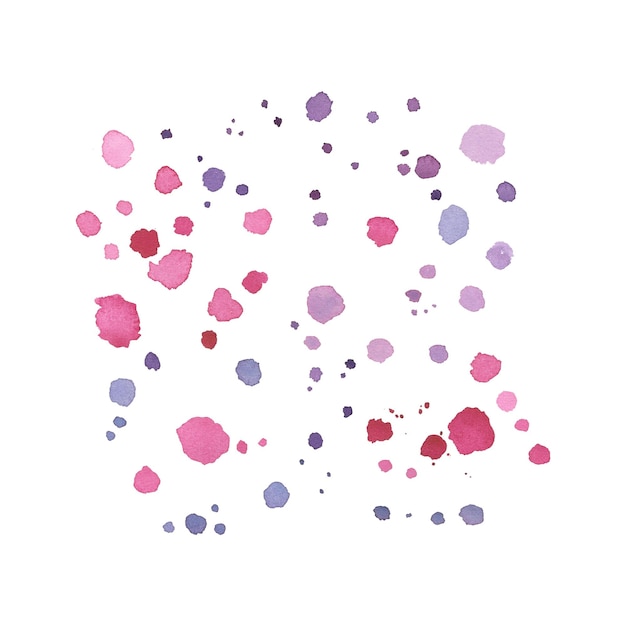 Gocce rosa e schizzi isolati su sfondo bianco Illustrazione disegnata a mano in acquerello Arte per texture in stile design