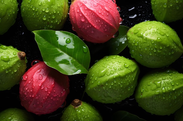 Gocce visibili di fondo senza cuciture della frutta fresca della Guava dell'angolo sopraelevato dell'acqua