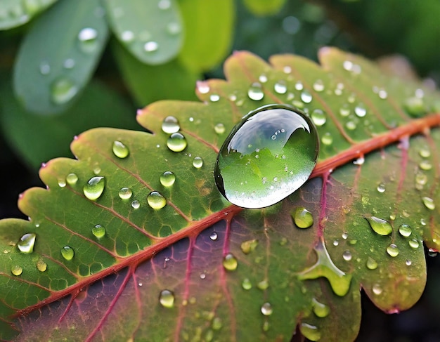 Goccia d'acqua del primo piano su una foglia vibrante