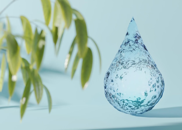 Goccia d'acqua realistica su sfondo blu Vista in primo piano Aqua drop liquid Salva il concetto di ecologia dell'acqua Importanza dell'acqua per la salute e la natura Rendering 3D