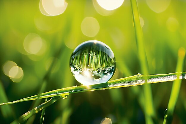 Goccia d'acqua scintillante su un filo d'erba Bellezza