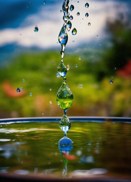 goccia di superficie d'acqua da sotto l'acqua alla superficie si divide in molteplici gocce più piccole sopra