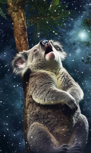 Goccia koala appeso a un albero al cielo notturno sfondo generativo ai