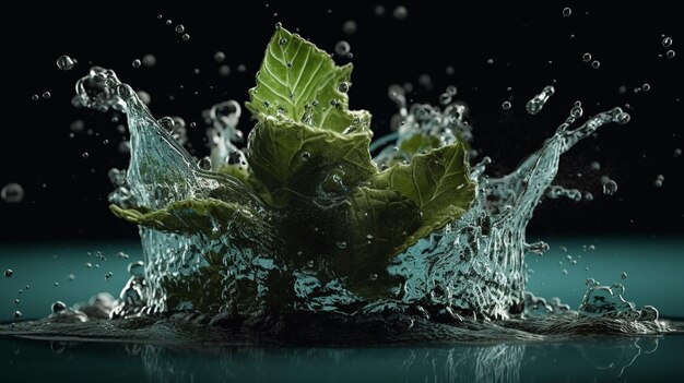 Goccioline d'acqua su una foglia verde dopo la pioggia generativa ai