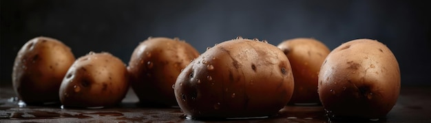 Goccioline di patate marroni in piedi su sfondo opaco con banner panoramico a vapore IA generativa