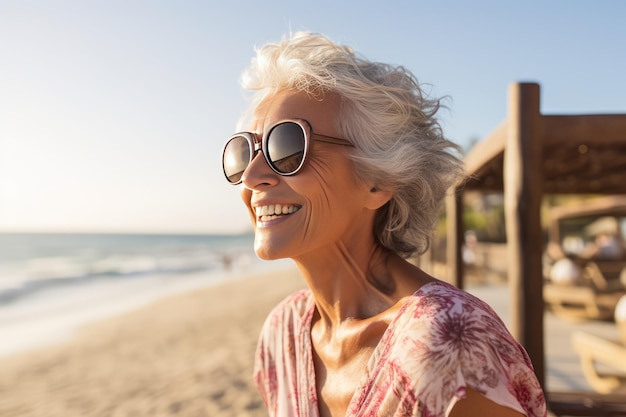 Godendo Senior vecchia Donna senior matura felice sulla spiaggia