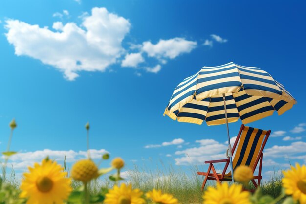 Godersi il relax in natura sotto un cielo blu con un sole giallo e un ombrello a righe